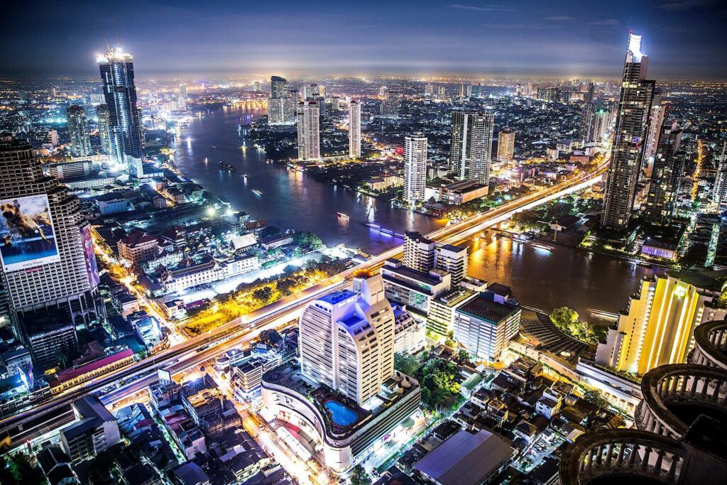 Aerial photography of Bangkok skyline at night