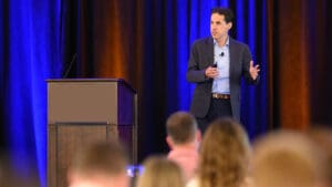 Keynote speaker Kevin Ryan speaking on stage